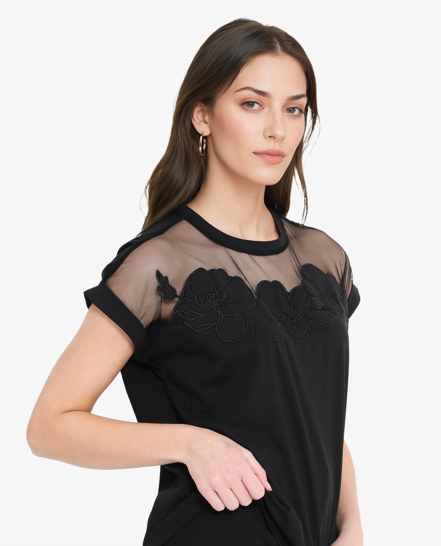 Rareism Women Alexdan Black Cotton Elastane Fabric Embroidered Neck Top