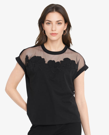 Rareism Women Alexdan Black Cotton Elastane Fabric Embroidered Neck Top