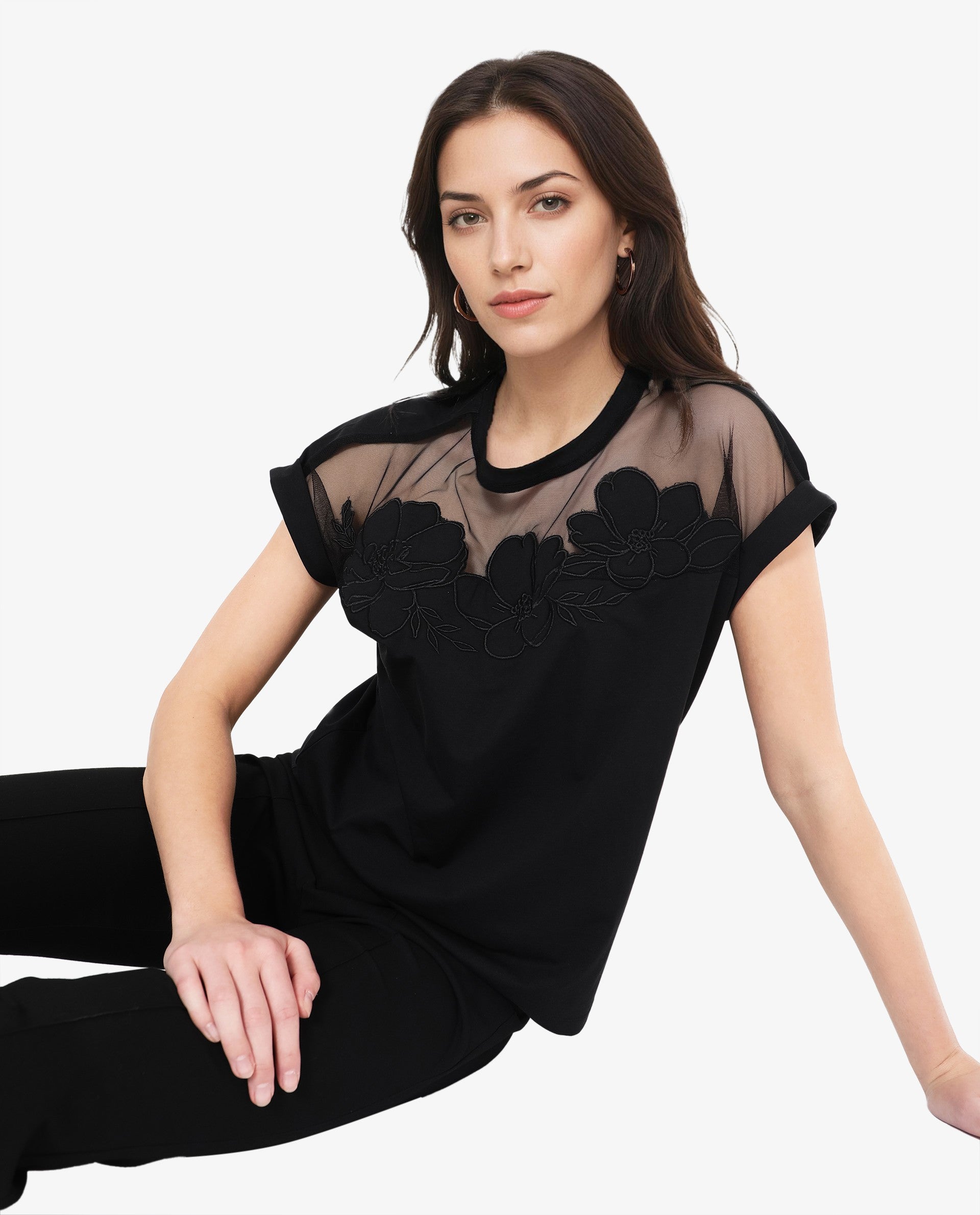 Rareism Women Alexdan Black Cotton Elastane Fabric Embroidered Neck Top