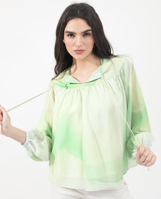 Rareism Women Alic Green Polyester Fabric Full Sleeve Round Neck Top