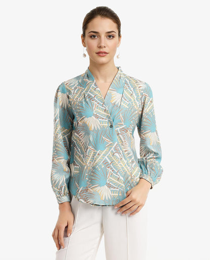 Rareism Women Alici Blue Bishop Sleeve Over Lap Neck Abstract Print Top