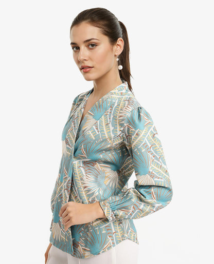 Rareism Women Alici Blue Bishop Sleeve Over Lap Neck Abstract Print Top