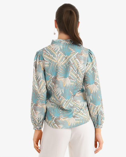 Rareism Women Alici Blue Bishop Sleeve Over Lap Neck Abstract Print Top