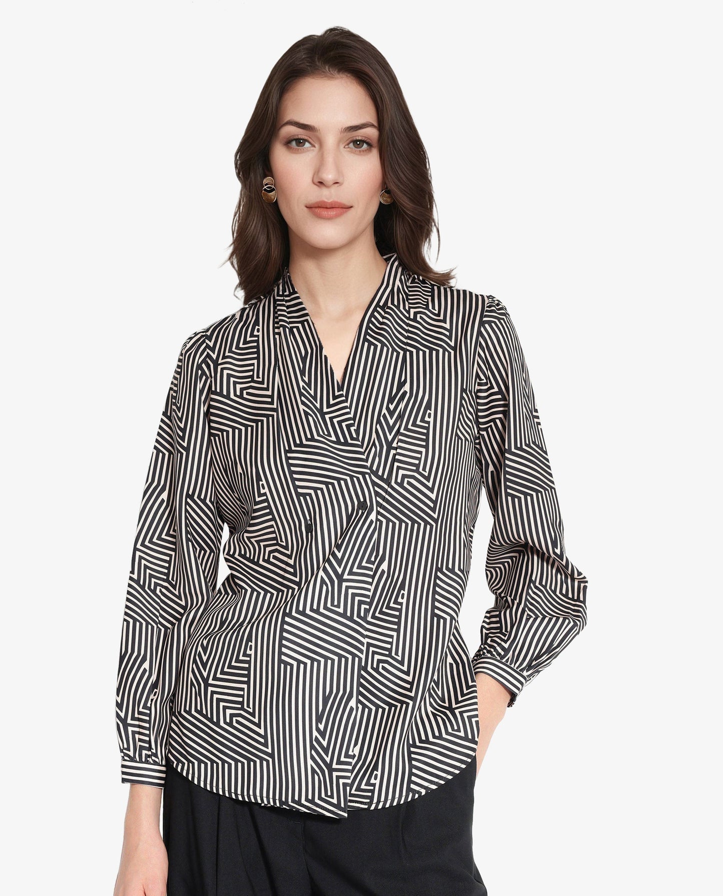 Rareism Women Alie Black Bishop Sleeve Over Lap Neck Geometric Print Top