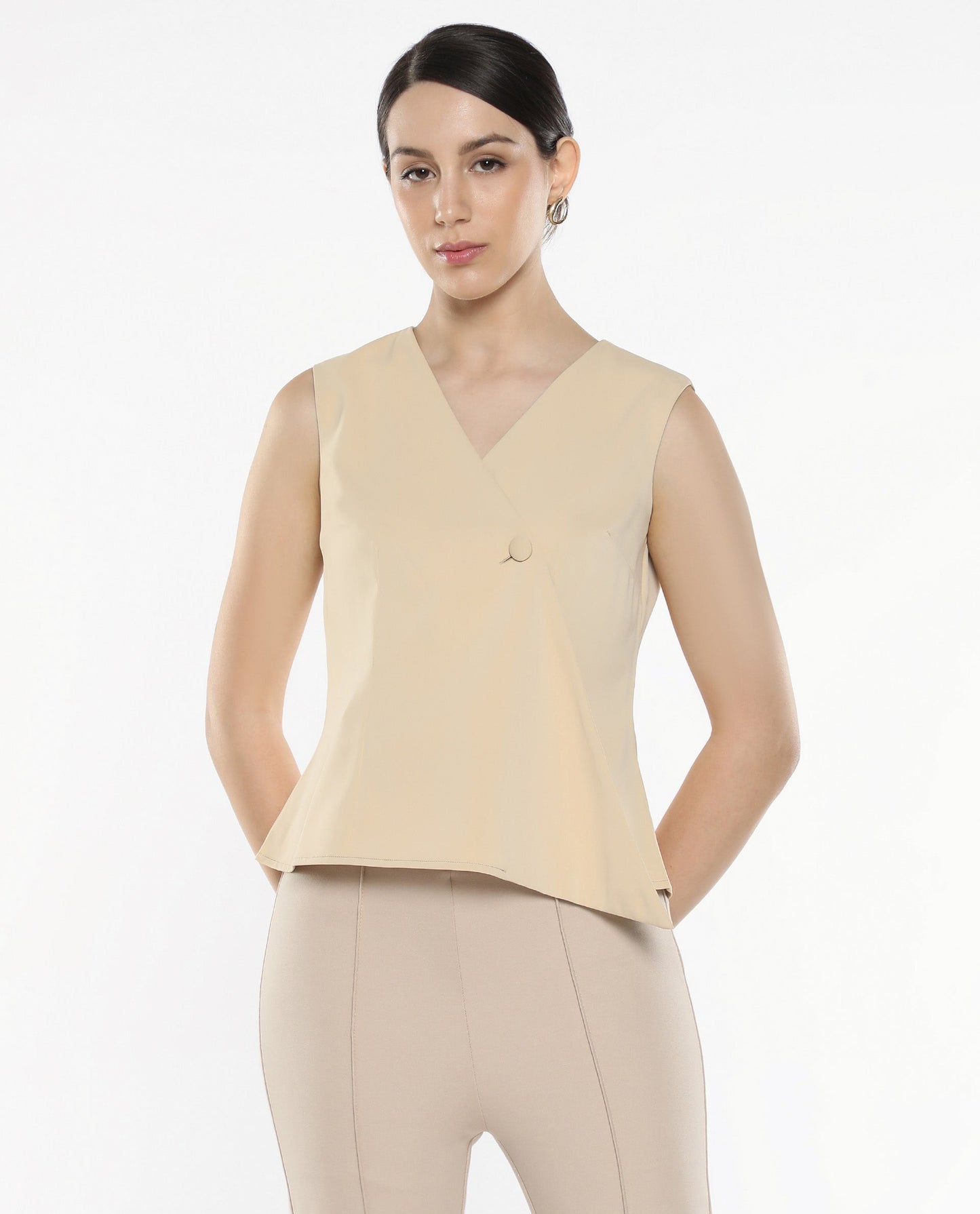 Rareism Women Alnam Beige Satin Sleeveless Over Lap Neck Button Closure Plain Top