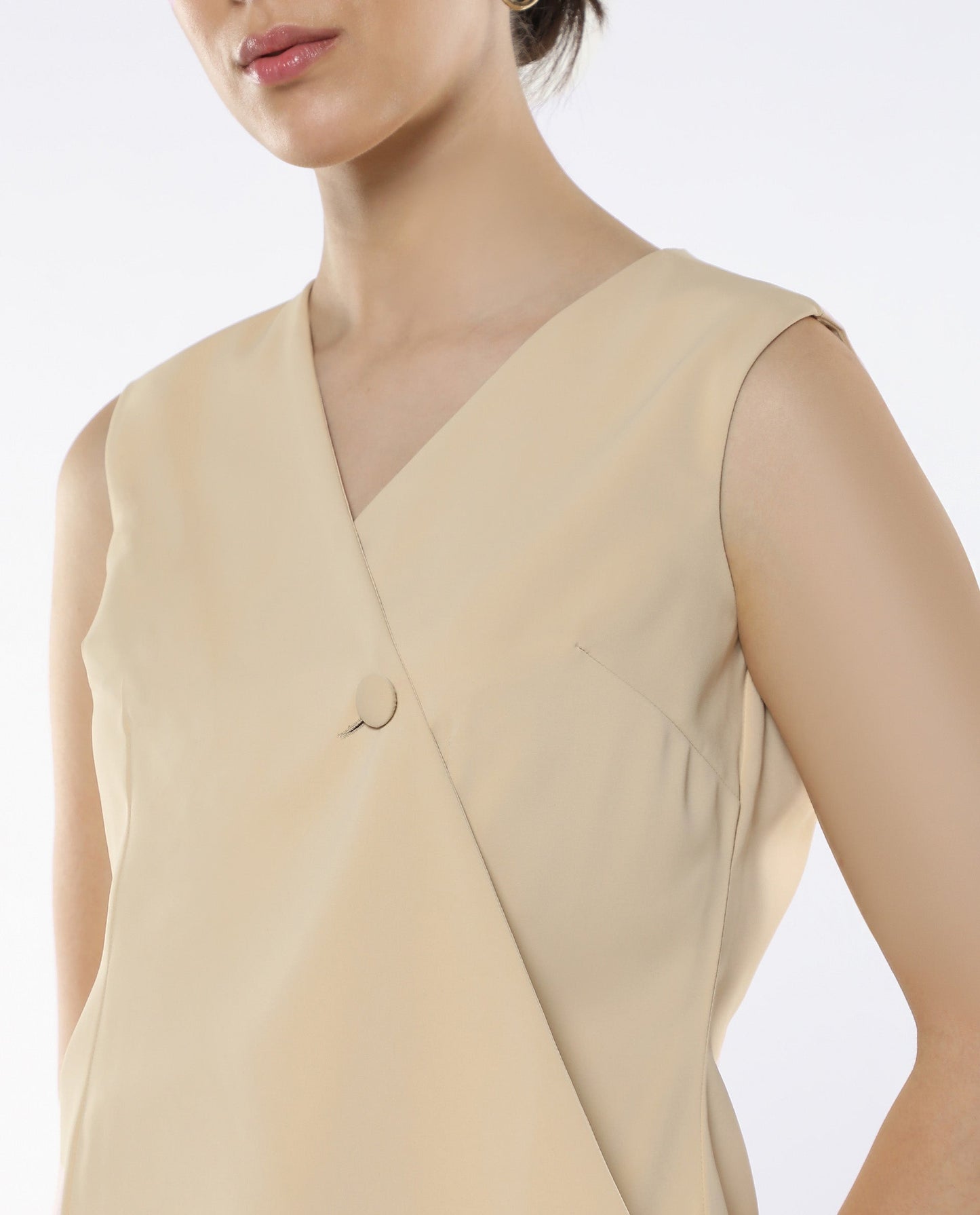 Rareism Women Alnam Beige Satin Sleeveless Over Lap Neck Button Closure Plain Top