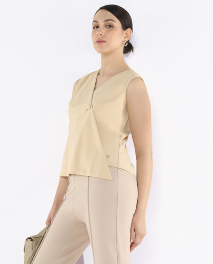 Rareism Women Alnam Beige Satin Sleeveless Over Lap Neck Button Closure Plain Top