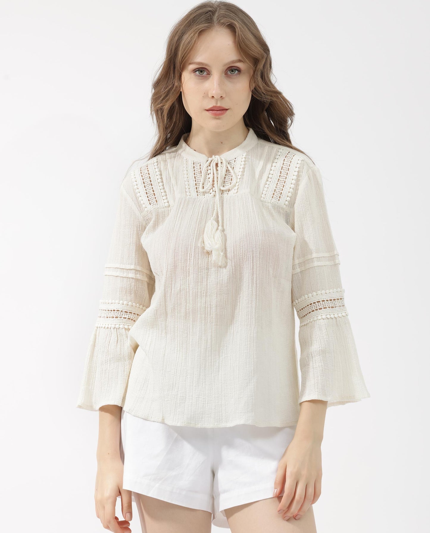 Rareism Women Alonzo Light Beige Cotton Fabric 3/4Th Sleeves Tie-Up Neck Regular Fit Plain Top