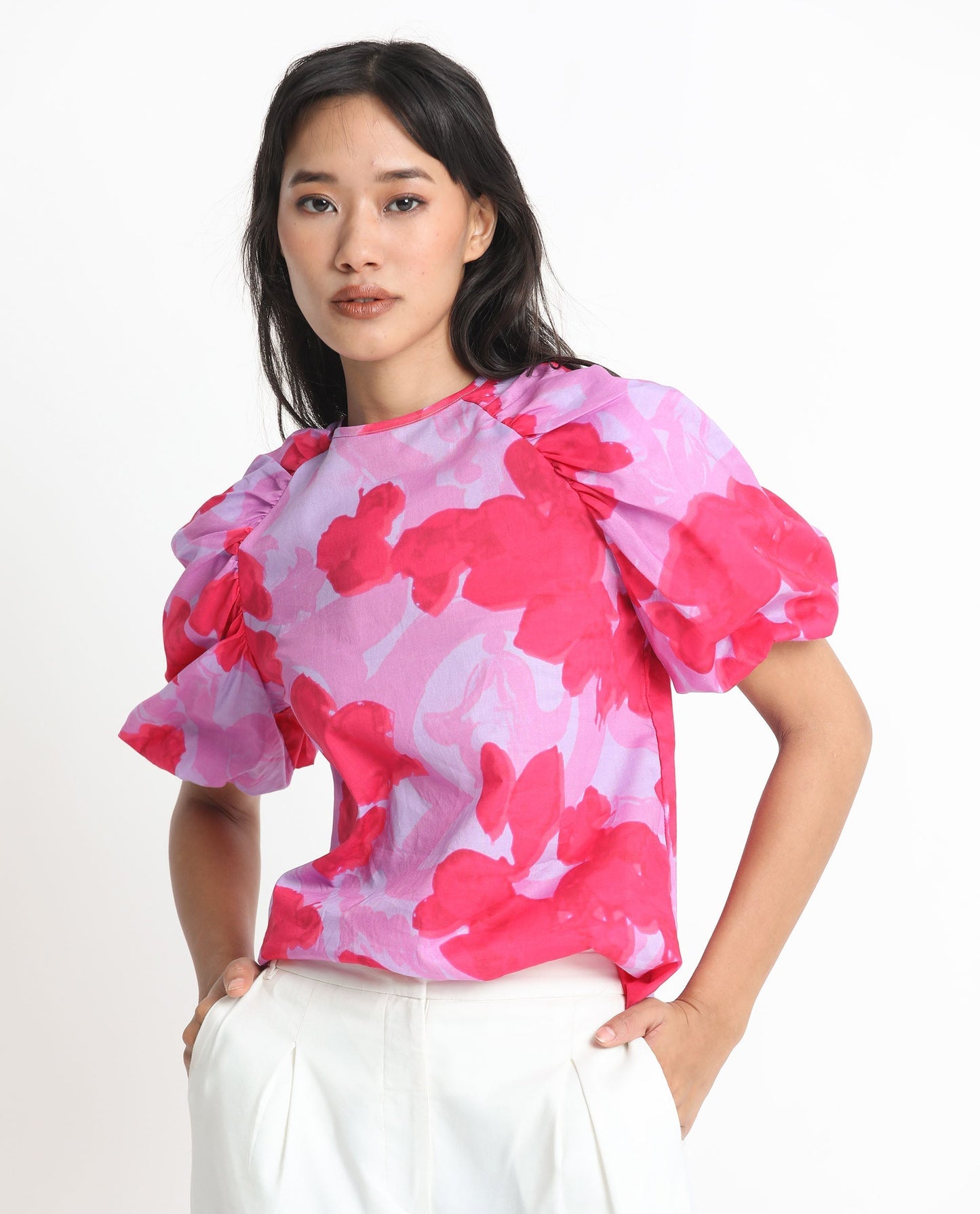 Rareism Women Alpen Light Purple Cotton Fabric Short Sleeves Button Closure Round Neck Puff Sleeve Relaxed Fit Floral Print Top