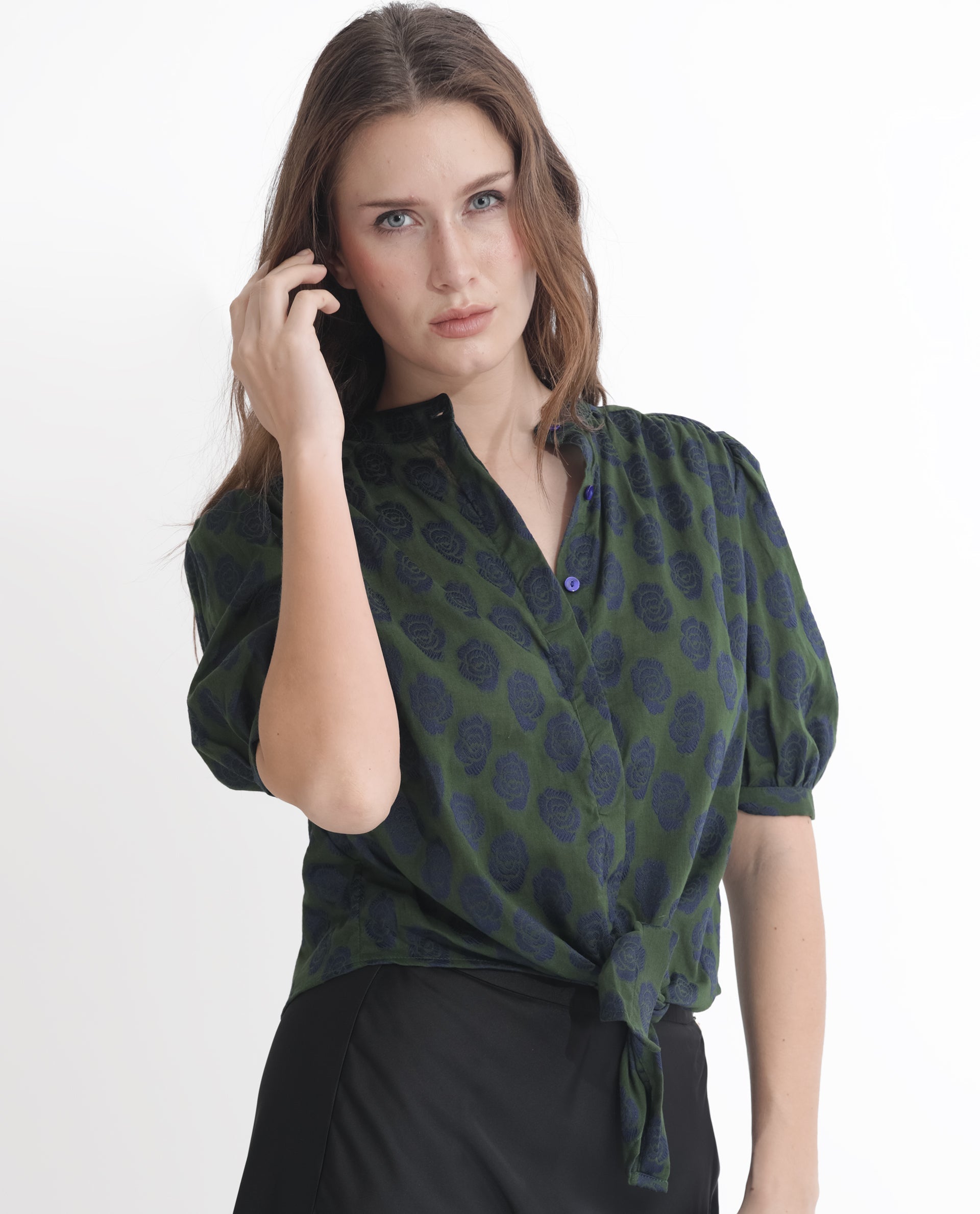 Rareism Women Andle Dusky Green Polyester Fabric Short Sleeves Button Closure High Neck Puff Sleeve Regular Fit Floral Print Top