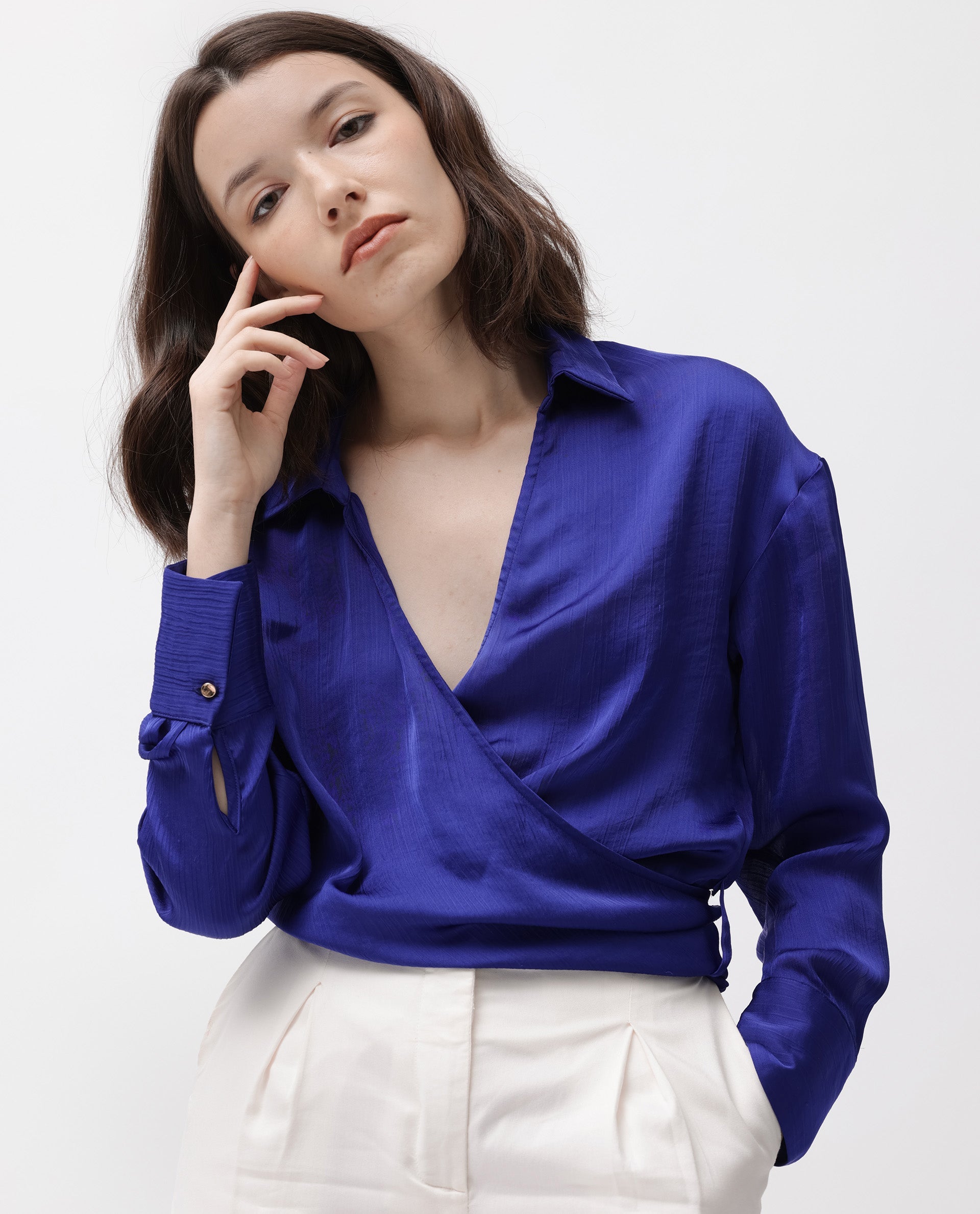 Rareism Women Andreala Dark Blue Polyester Fabric Regular Fit Drop Collar Full Sleeves Solid Top