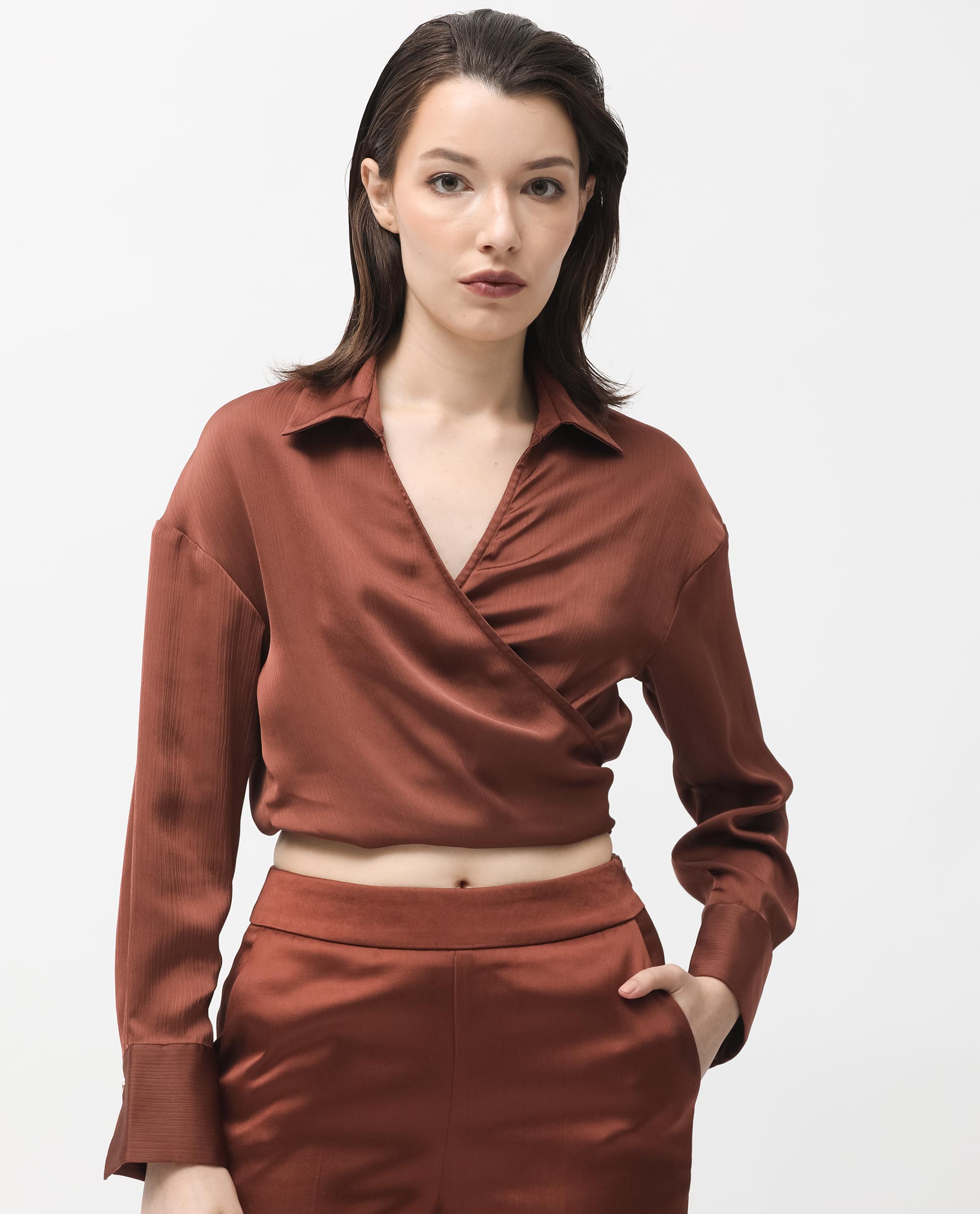 Rareism Women Andreala Dark Brown Polyester Fabric Full Sleeves Johnny Collar Regular Fit Plain Top