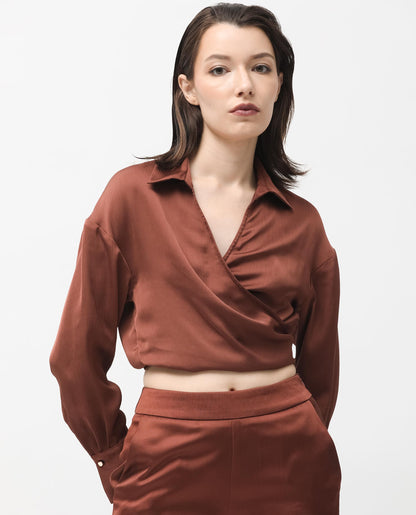 Rareism Women Andreala Dark Brown Polyester Fabric Full Sleeves Johnny Collar Regular Fit Plain Top