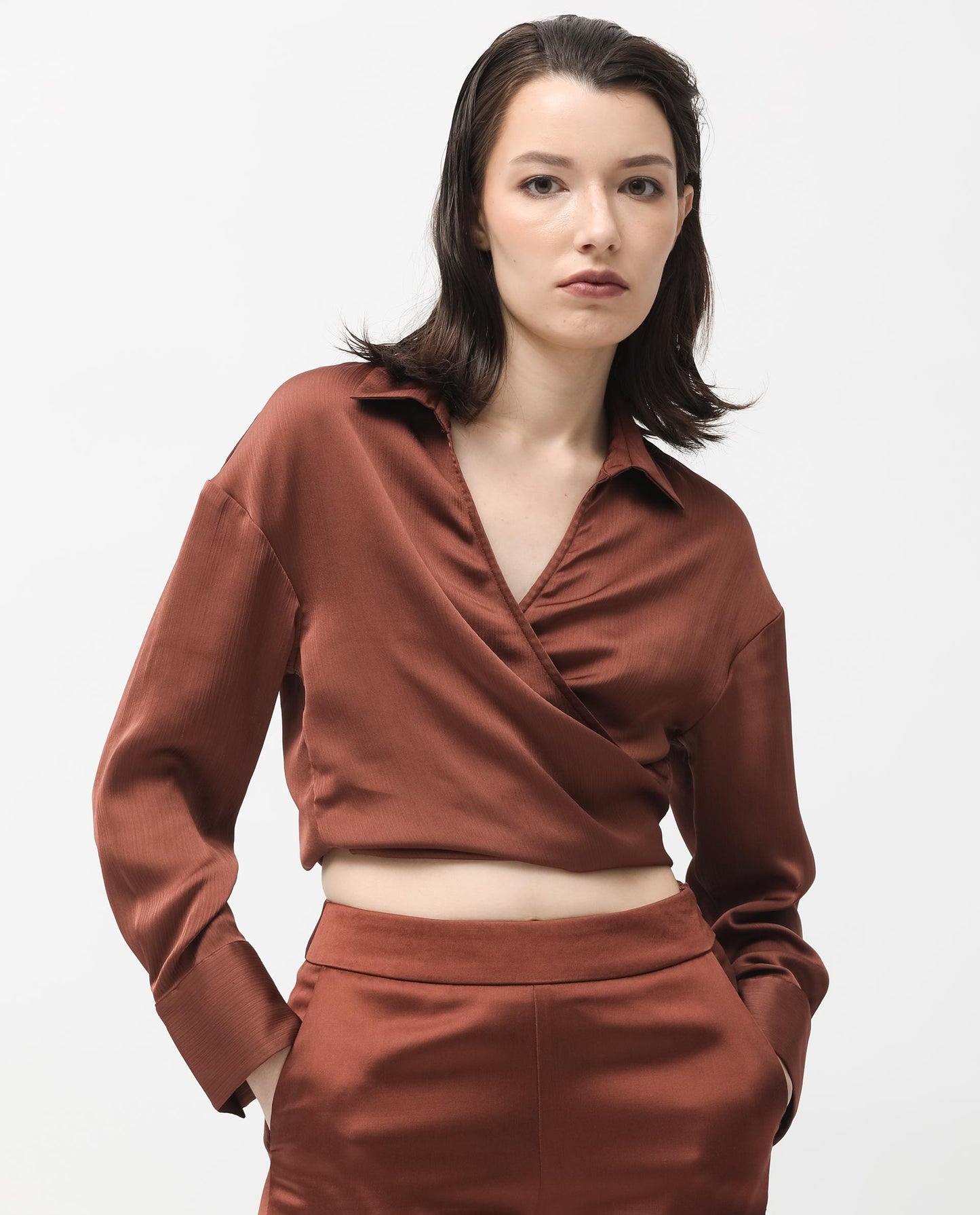 Rareism Women Andreala Dark Brown Polyester Fabric Full Sleeves Johnny Collar Regular Fit Plain Top