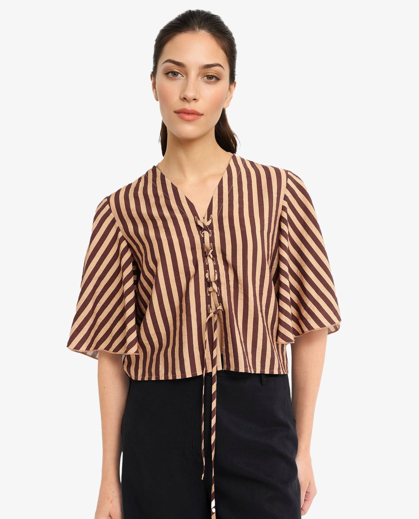 Rareism Women Andria Brown Bell Sleeves V-Neck Tie Up Broad Stripes Cropped Top