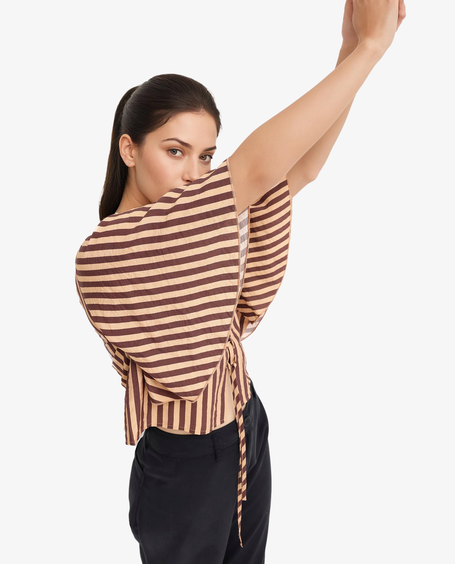 Rareism Women Andria Brown Bell Sleeves V-Neck Tie Up Broad Stripes Cropped Top