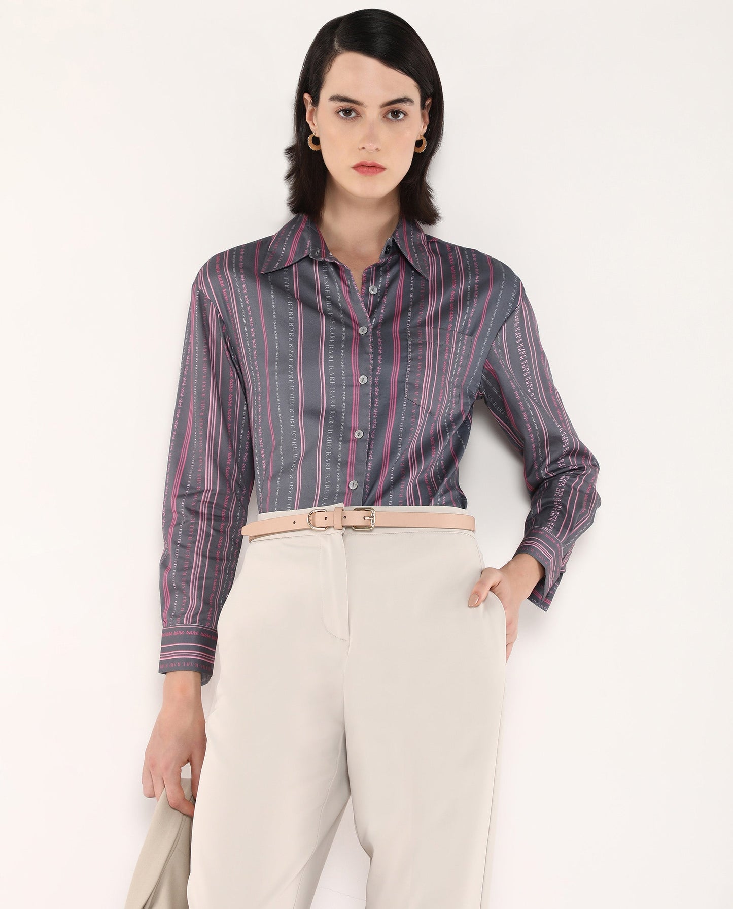 Rareism Women Aodh Grey 80'S Cotton Satin Fabric Cuffed Sleeve Collared Neck Button Closure Narrow Stripes Top