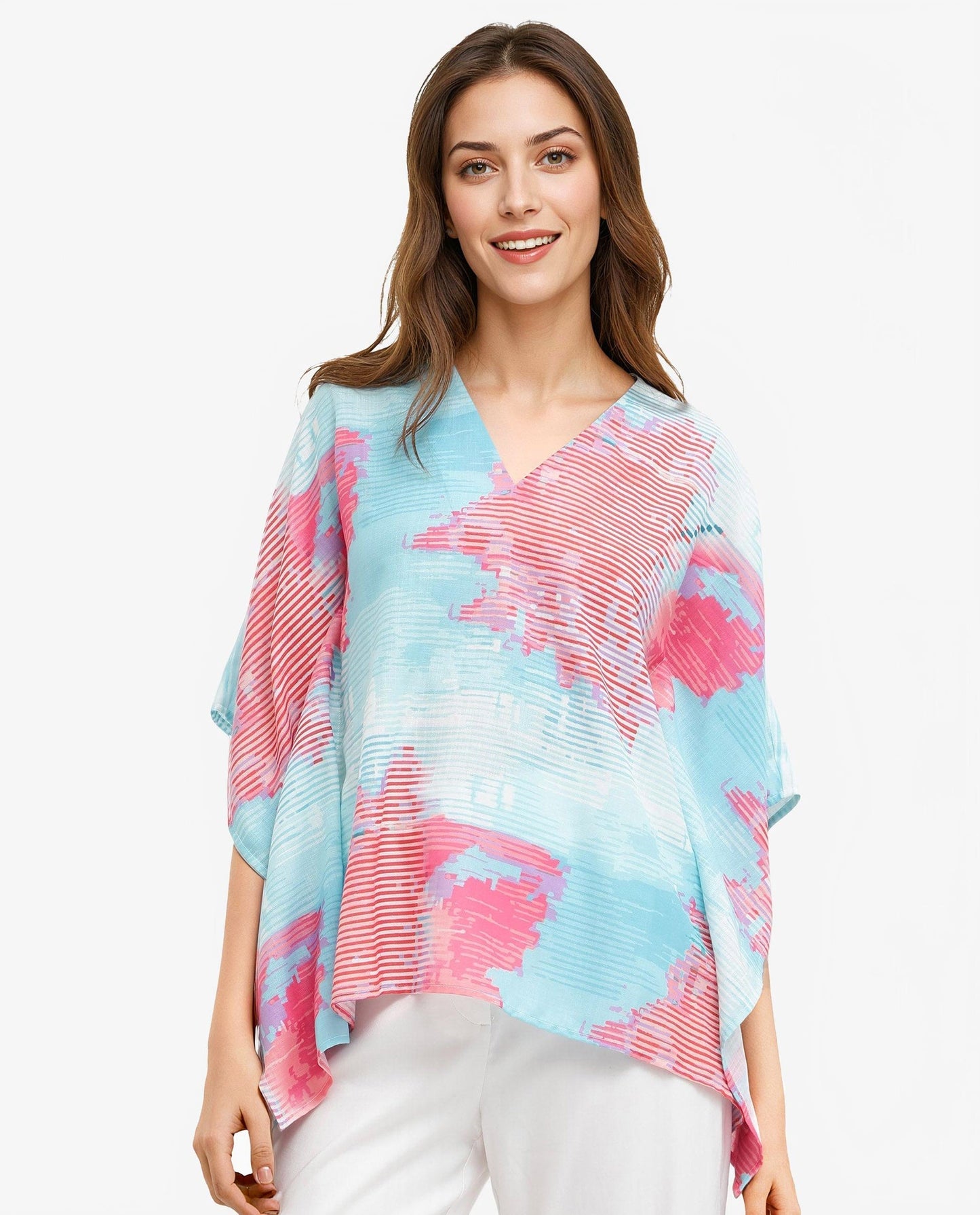 Rareism Women Arial Light Blue Linen Abstract Print V-Neck Top