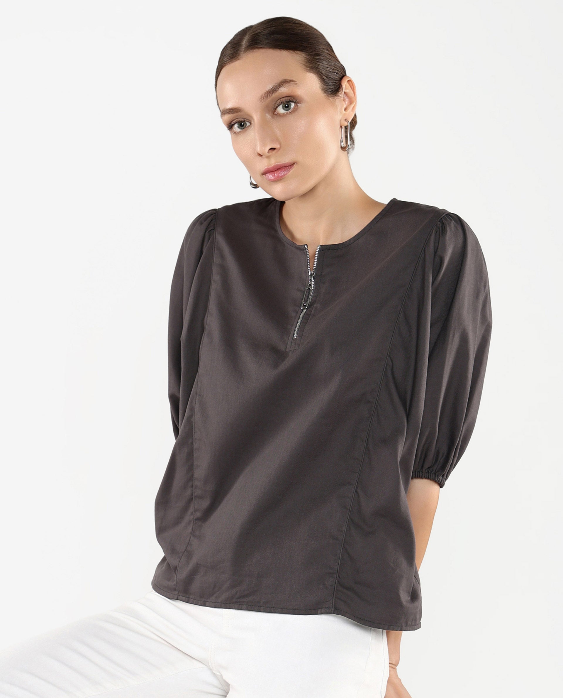 Rareism Women Artemis Grey Plain Top