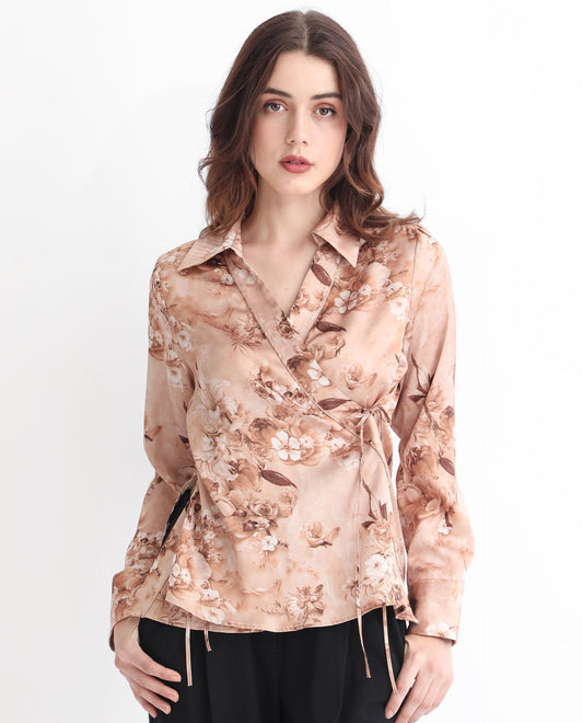 Rareism Women Arzoo Dusky Beige Polyester Fabric Regular Fit Drop Collar Full Sleeves Floral Print Top