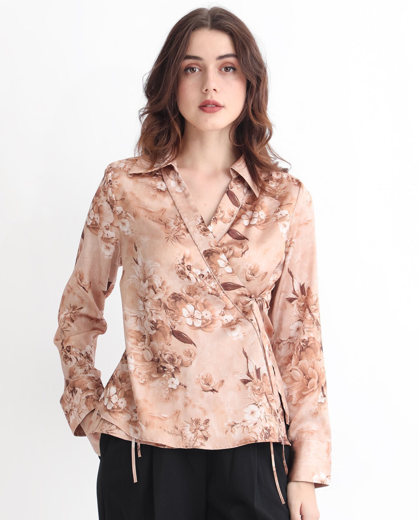 Rareism Women Arzoo Dusky Beige Polyester Fabric Regular Fit Drop Collar Full Sleeves Floral Print Top