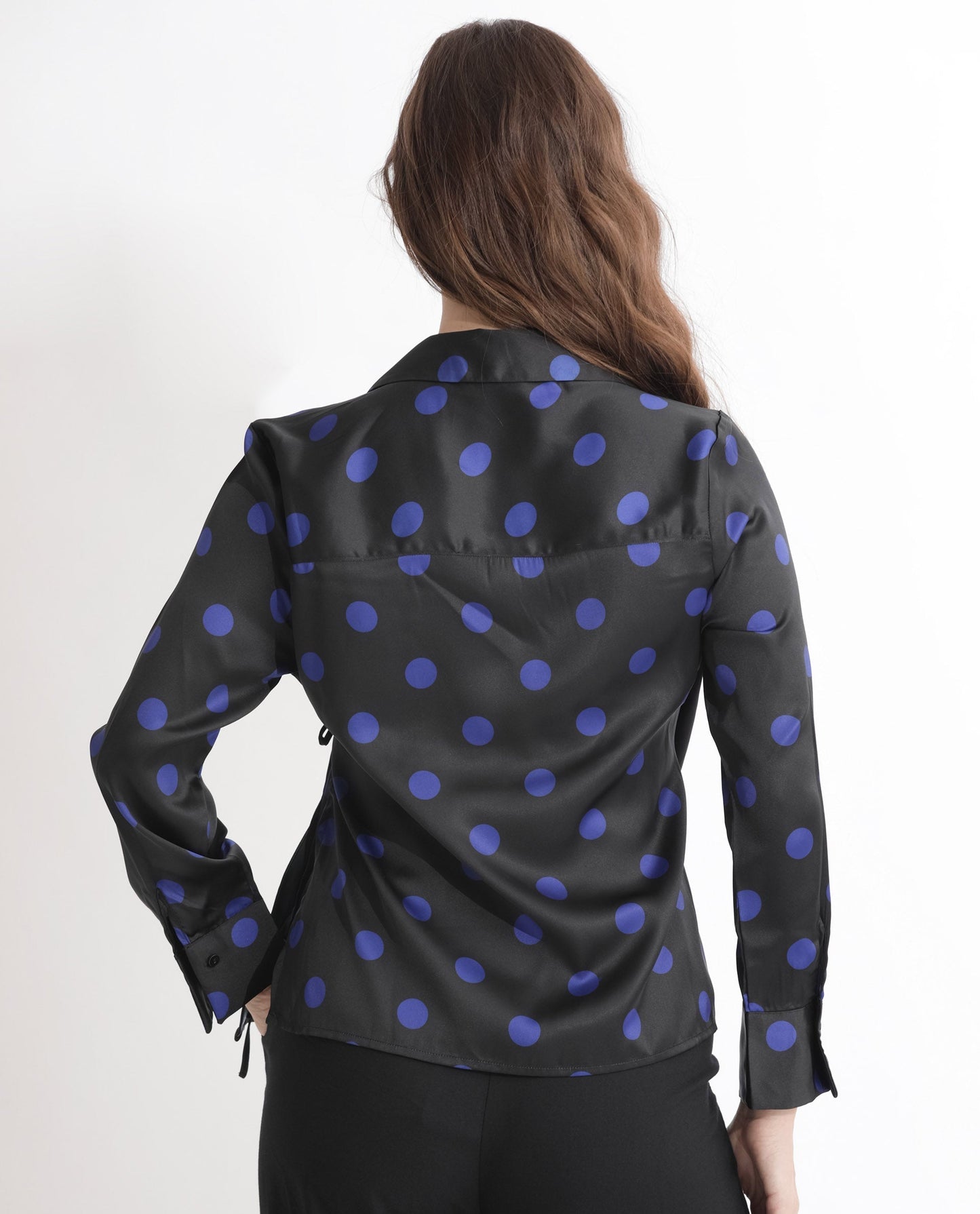 Rareism Women Arzoo Black Polyester Fabric Regular Fit Drop Collar Full Sleeves Polka Print Top