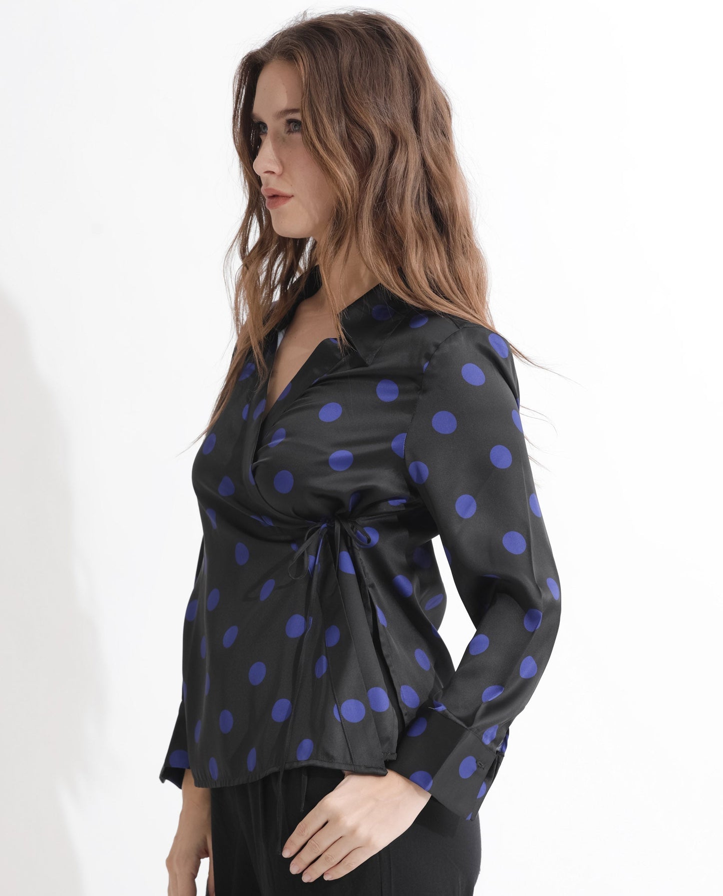 Rareism Women Arzoo Black Polyester Fabric Regular Fit Drop Collar Full Sleeves Polka Print Top