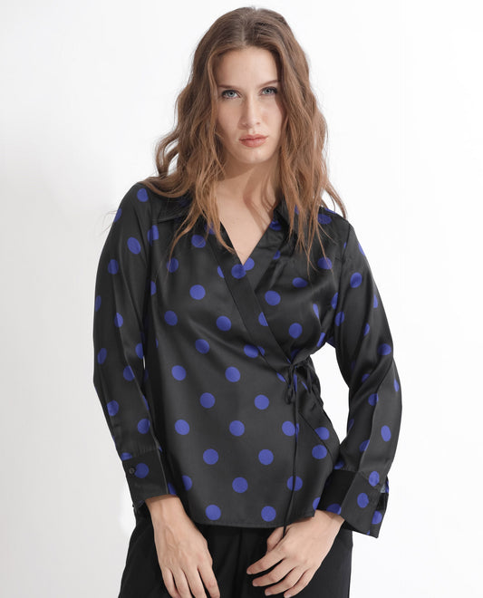 Rareism Women Arzoo Black Polyester Fabric Regular Fit Drop Collar Full Sleeves Polka Print Top