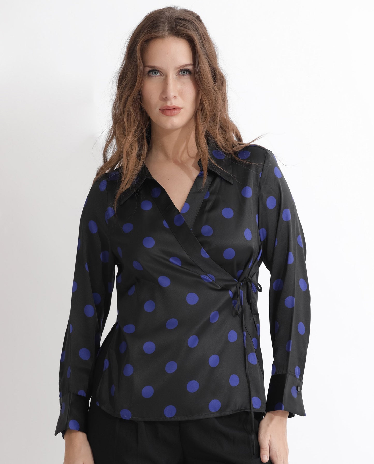 Rareism Women Arzoo Black Polyester Fabric Regular Fit Drop Collar Full Sleeves Polka Print Top