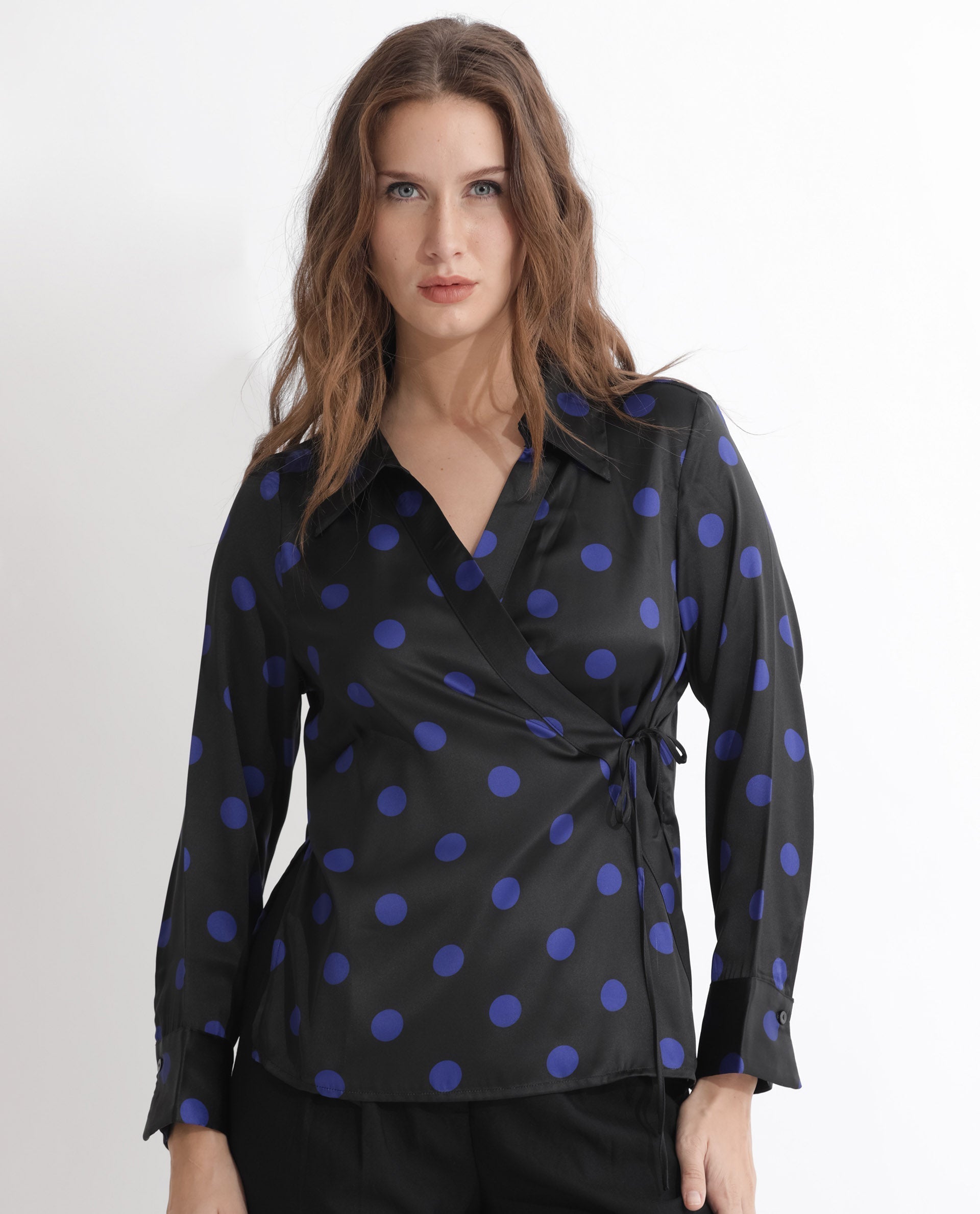 Rareism Women Arzoo Black Polyester Fabric Regular Fit Drop Collar Full Sleeves Polka Print Top