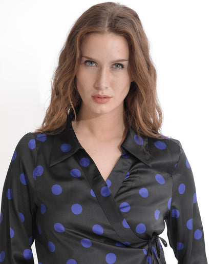 Rareism Women Arzoo Black Polyester Fabric Regular Fit Drop Collar Full Sleeves Polka Print Top