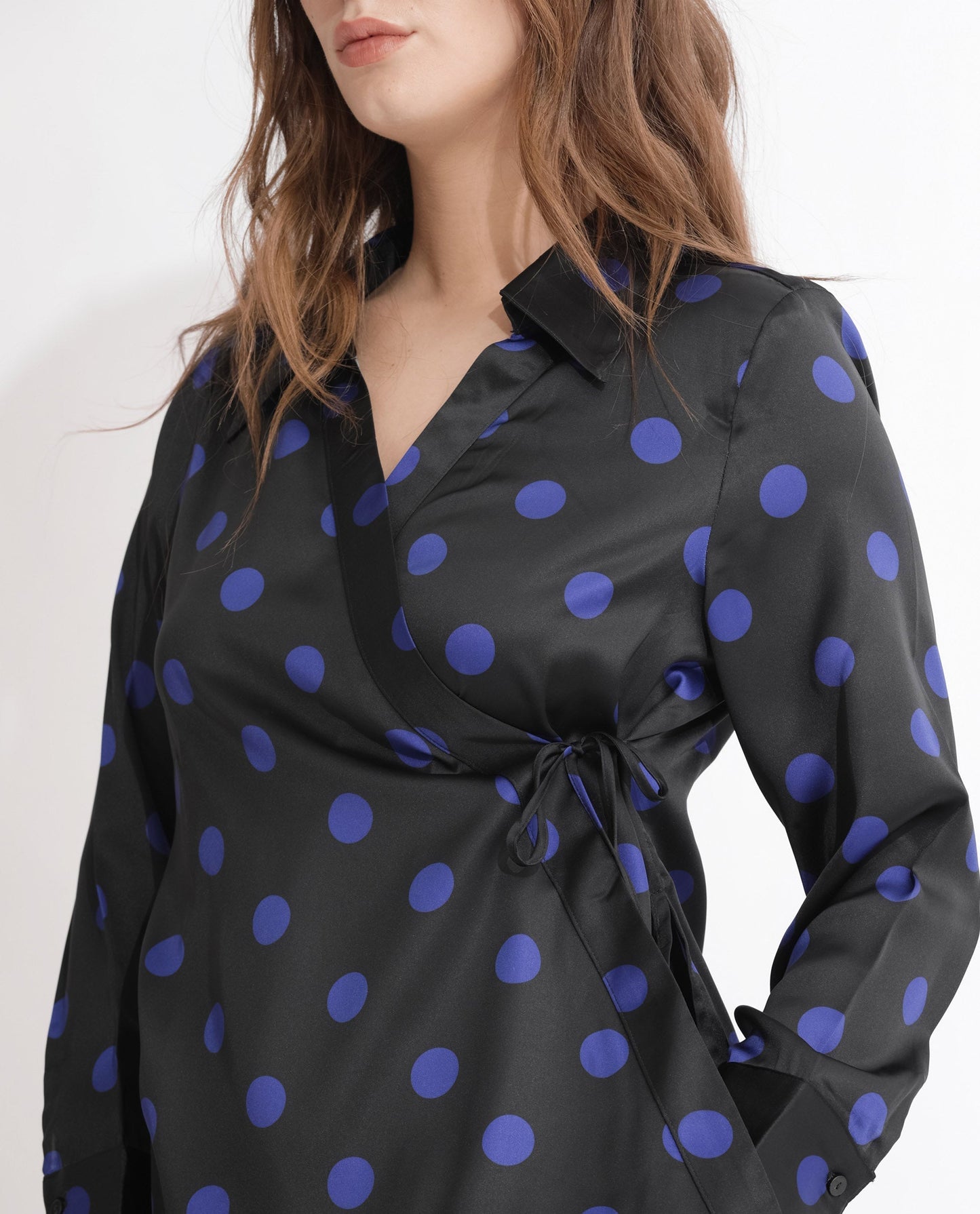 Rareism Women Arzoo Black Polyester Fabric Regular Fit Drop Collar Full Sleeves Polka Print Top