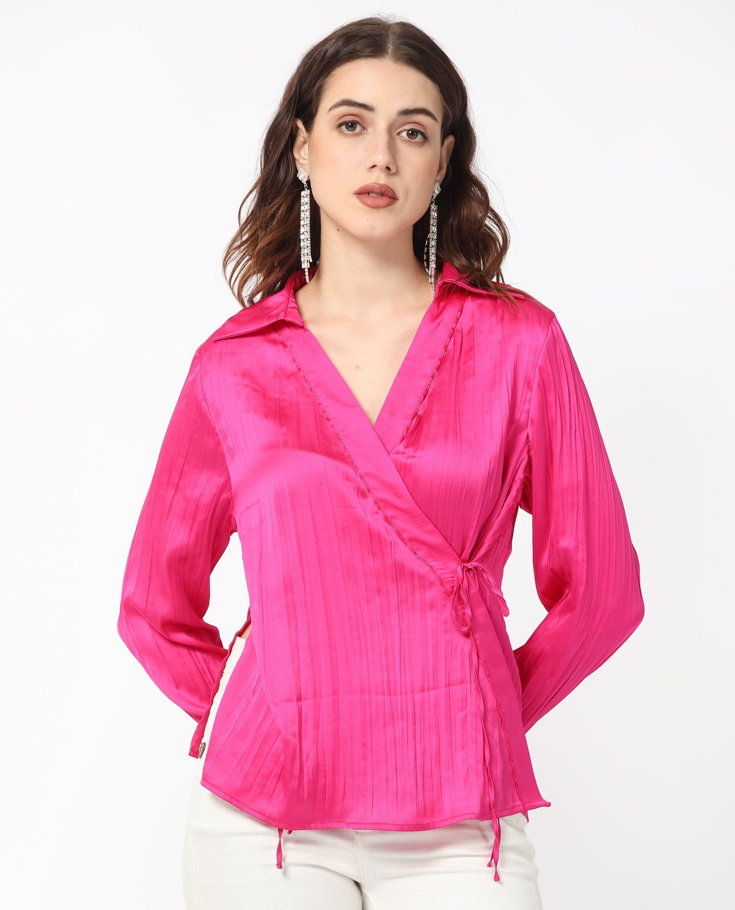 Rareism Women Arzoo Flouroscent Pink Polyester Fabric Regular Fit Drop Collar Full Sleeves Solid Top