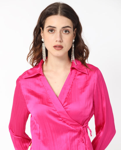 Rareism Women Arzoo Flouroscent Pink Polyester Fabric Regular Fit Drop Collar Full Sleeves Solid Top