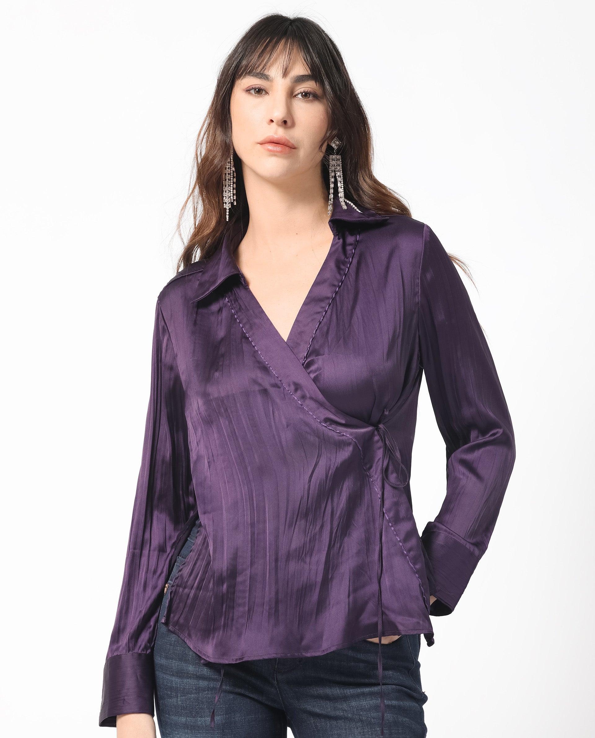 Rareism Women Arzoo Purple Polyester Fabric Regular Fit Drop Collar Full Sleeves Solid Top