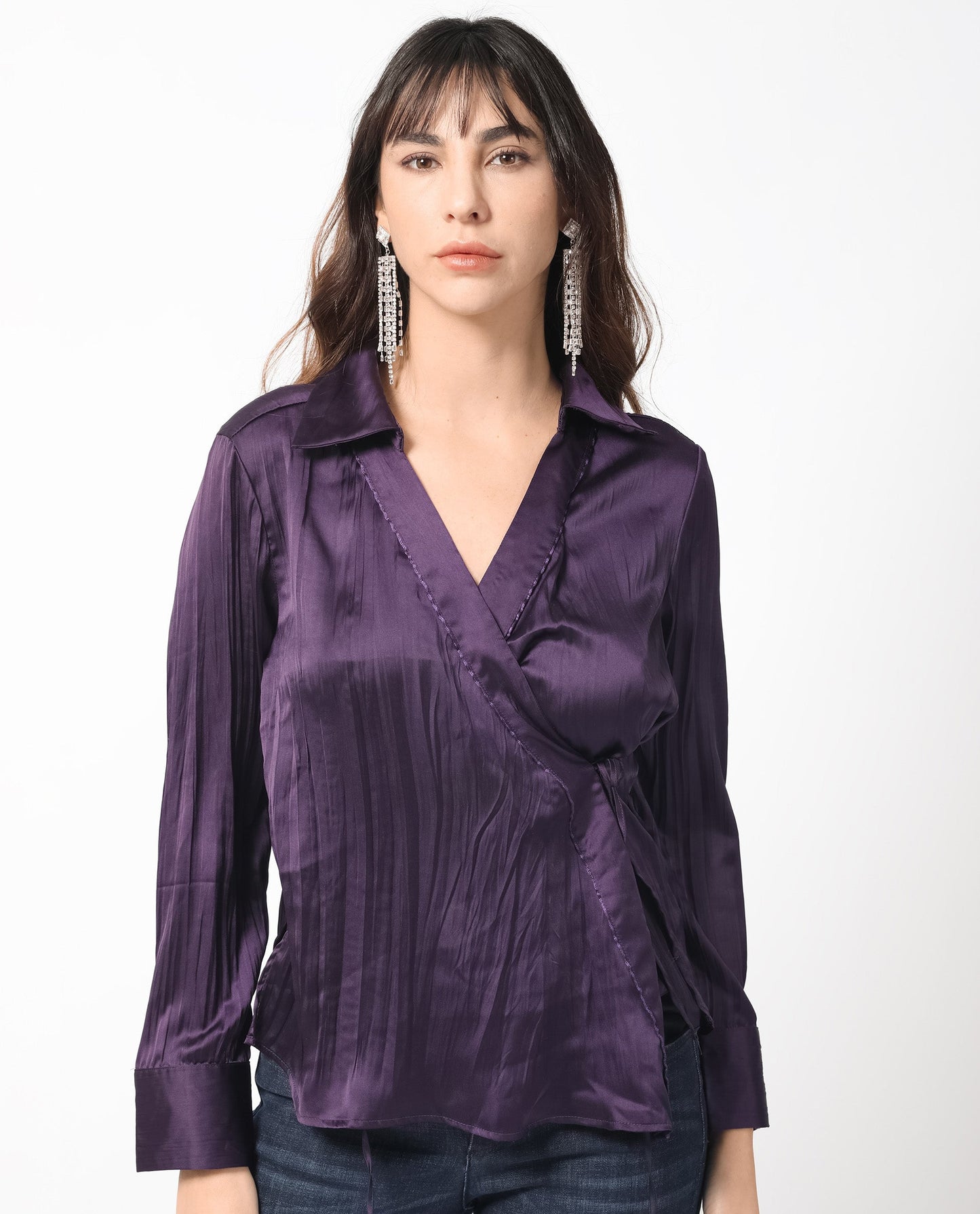 Rareism Women Arzoo Purple Polyester Fabric Regular Fit Drop Collar Full Sleeves Solid Top