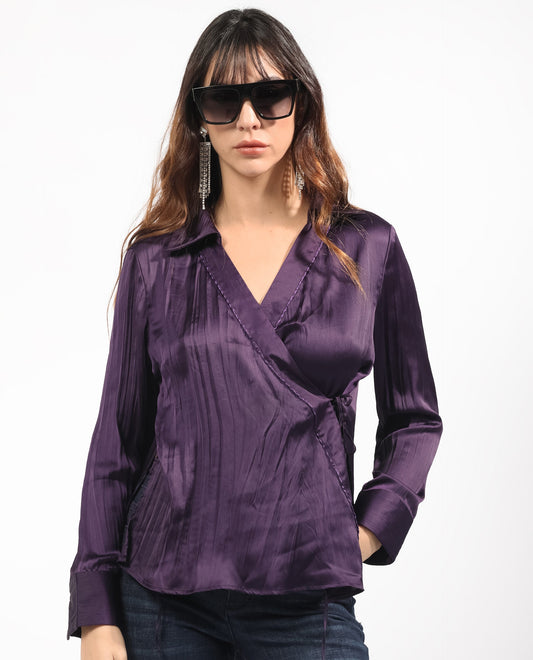 Rareism Women Arzoo Purple Polyester Fabric Regular Fit Drop Collar Full Sleeves Solid Top