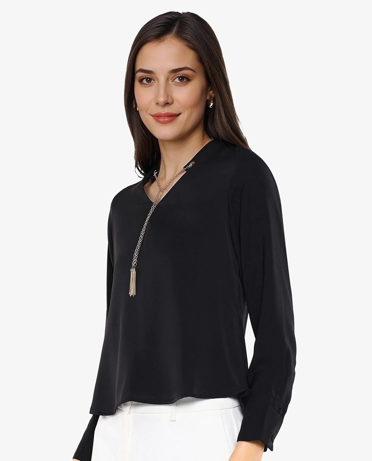 Rareism Women Ascom Black Cuffed Sleeve V-Neck Plain Top