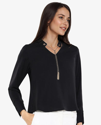 Rareism Women Ascom Black Cuffed Sleeve V-Neck Plain Top