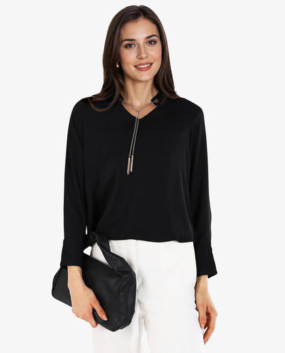 Rareism Women Ascom Black Cuffed Sleeve V-Neck Plain Top