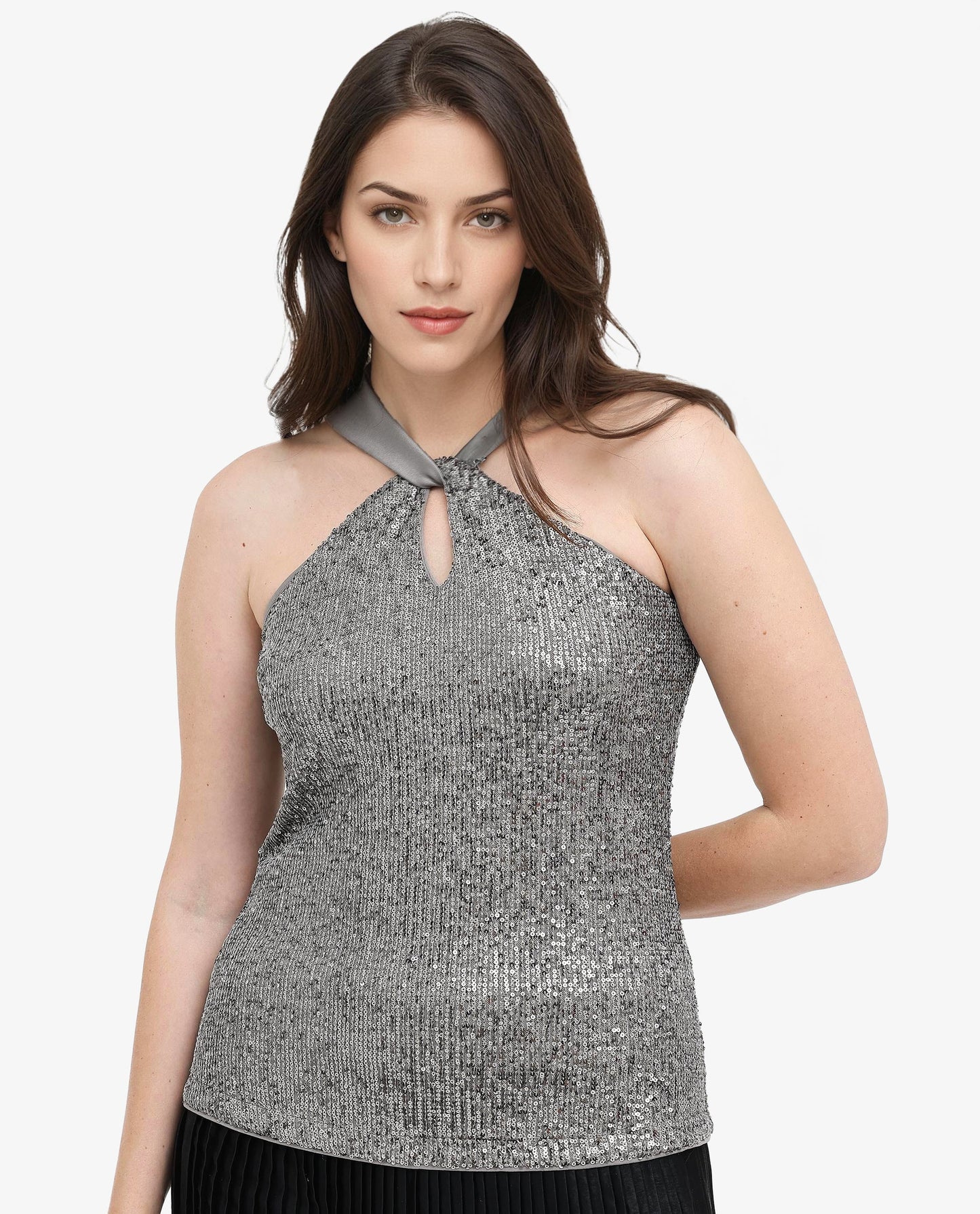 Rareism Women Aviv Metallic Grey Top Cotton Elastane Sleeveless Sequined