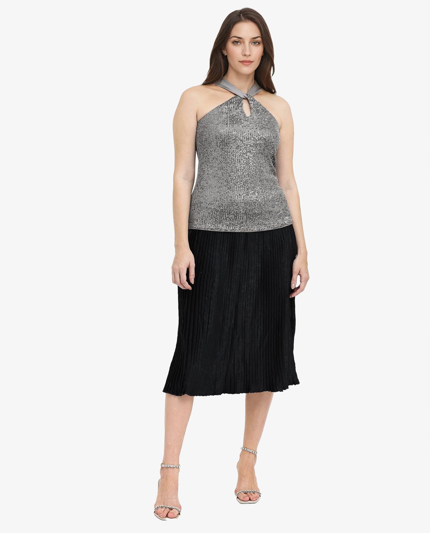 Rareism Women Aviv Metallic Grey Top Cotton Elastane Sleeveless Sequined