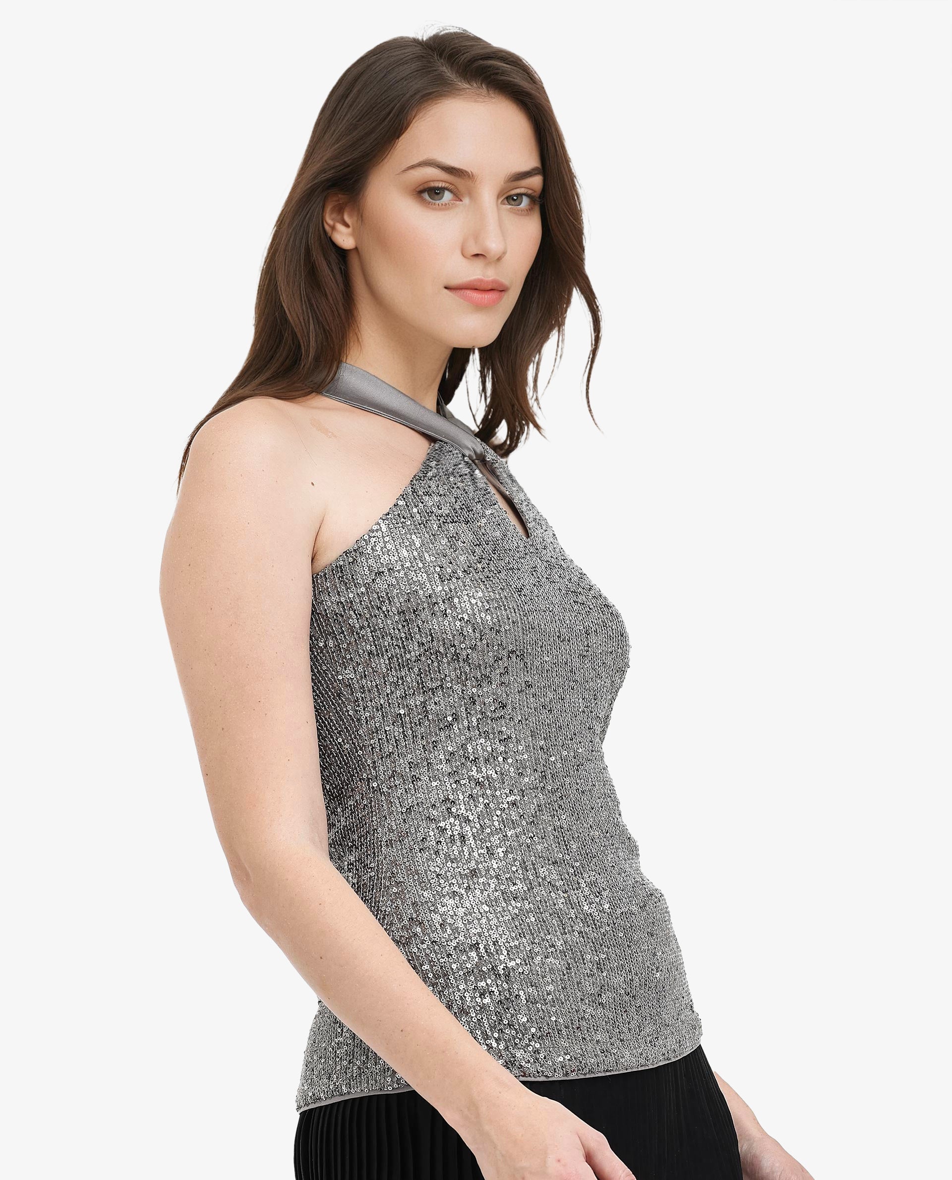 Rareism Women Aviv Metallic Grey Top Cotton Elastane Sleeveless Sequined