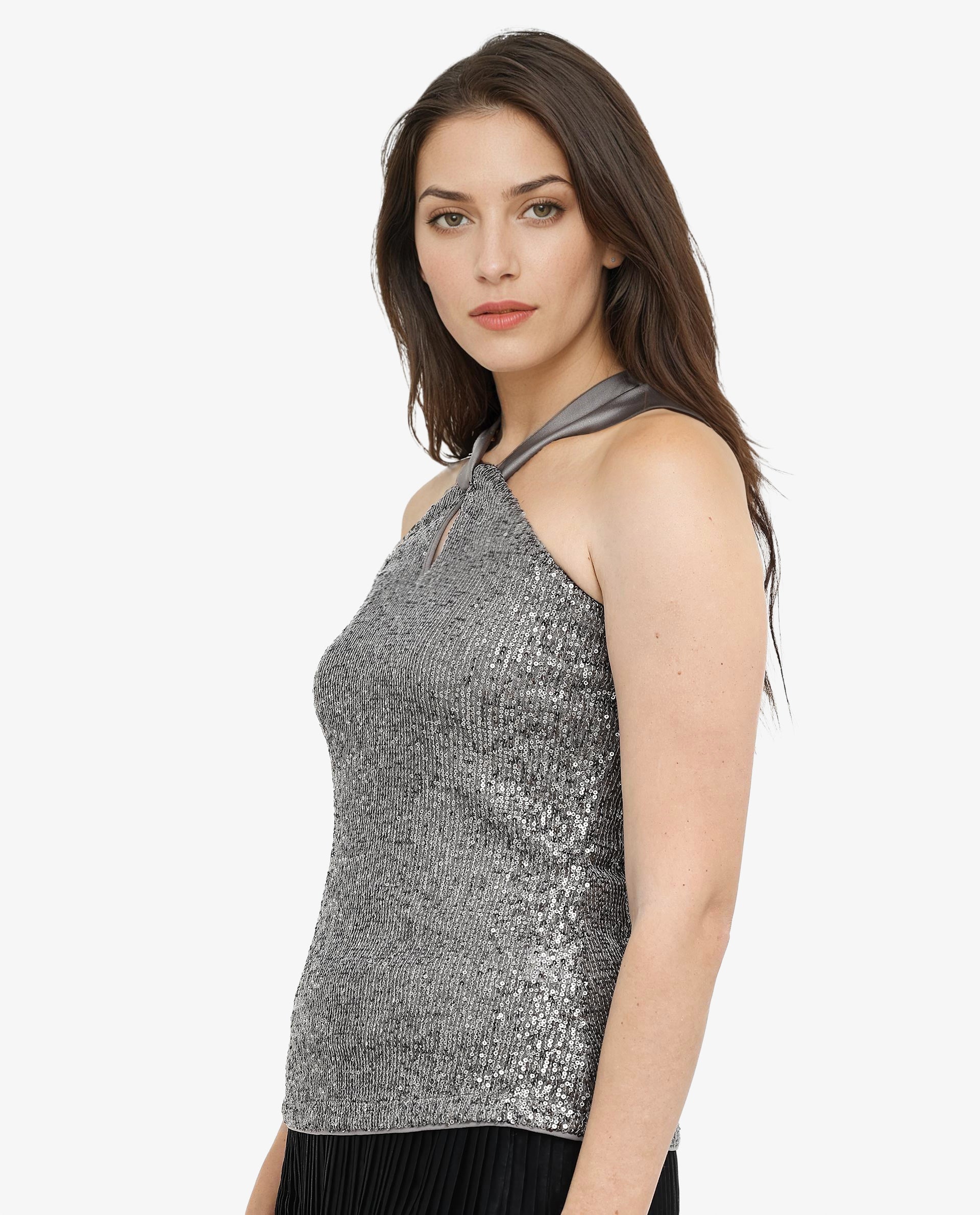 Rareism Women Aviv Metallic Grey Top Cotton Elastane Sleeveless Sequined