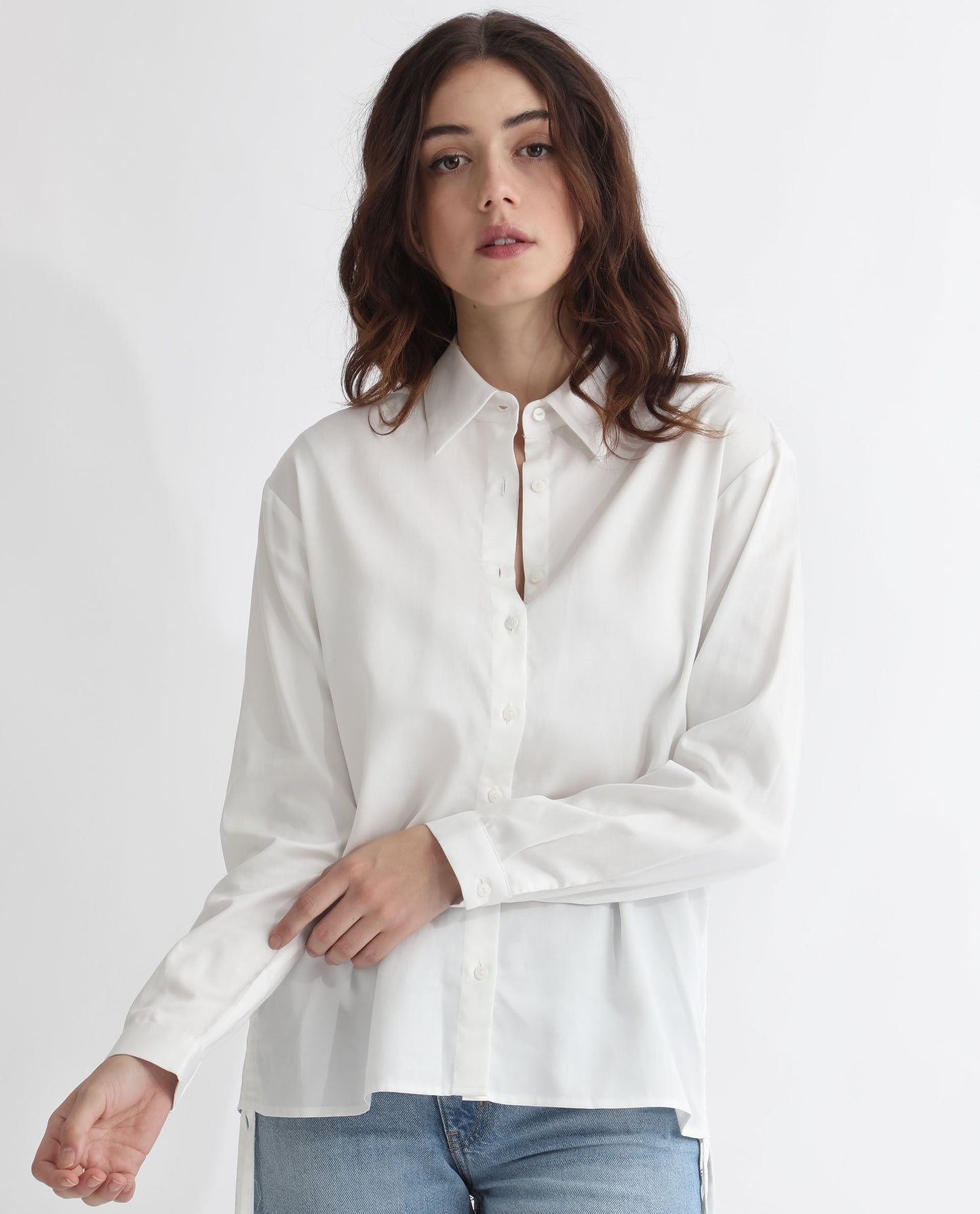 Rareism Women Avocado Off White Cotton Fabric Regular Fit Shirt Collar Full Sleeves Solid Top