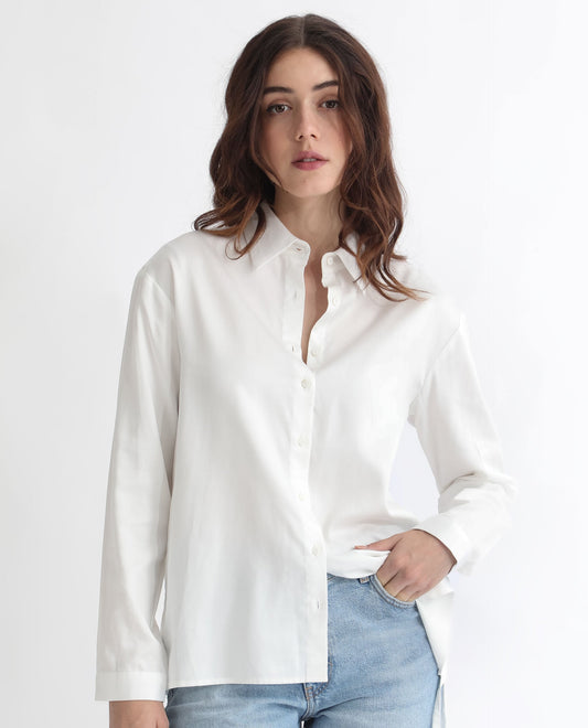 Rareism Women Avocado Off White Cotton Fabric Regular Fit Shirt Collar Full Sleeves Solid Top