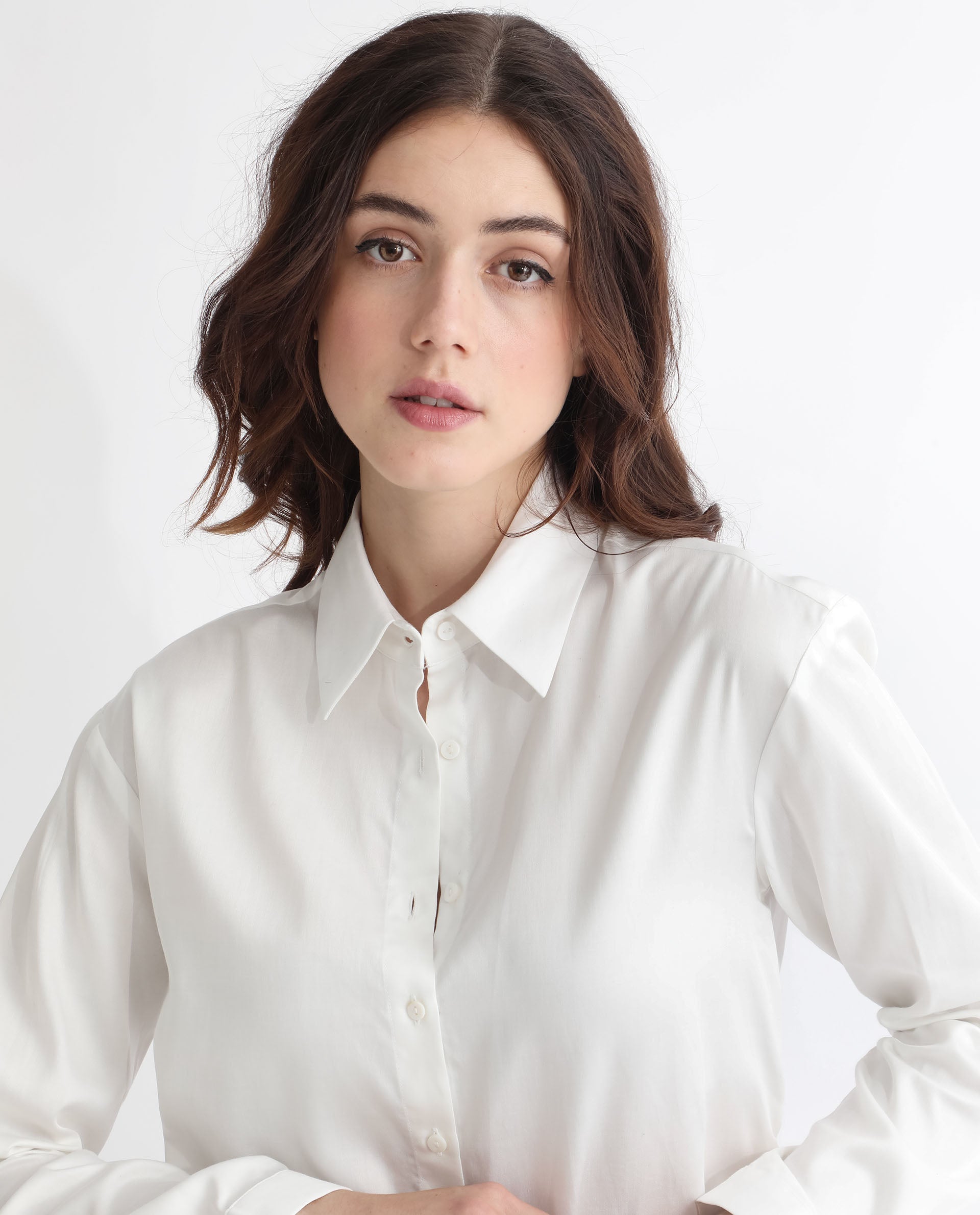 Rareism Women Avocado Off White Cotton Fabric Regular Fit Shirt Collar Full Sleeves Solid Top