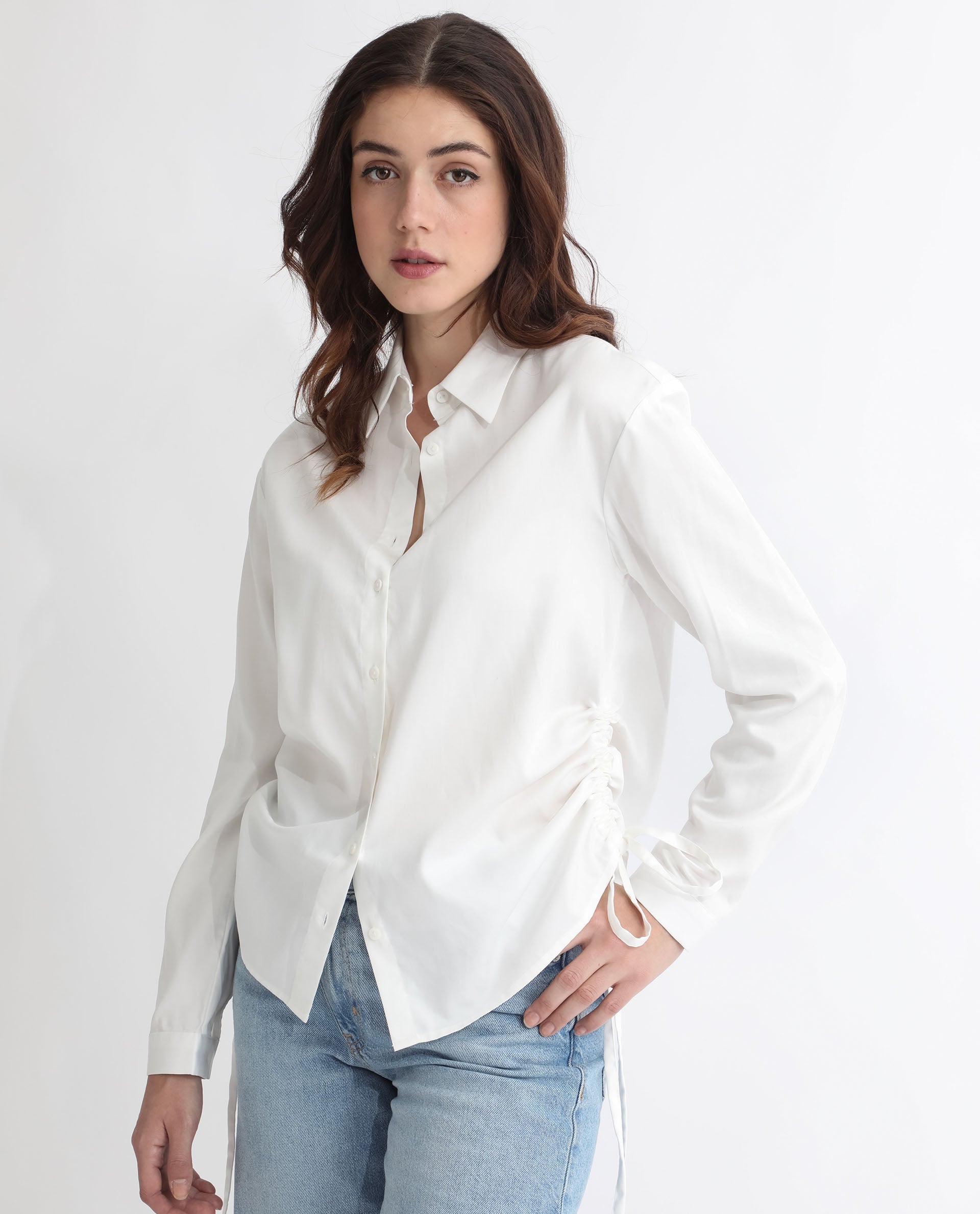 Rareism Women Avocado Off White Cotton Fabric Regular Fit Shirt Collar Full Sleeves Solid Top