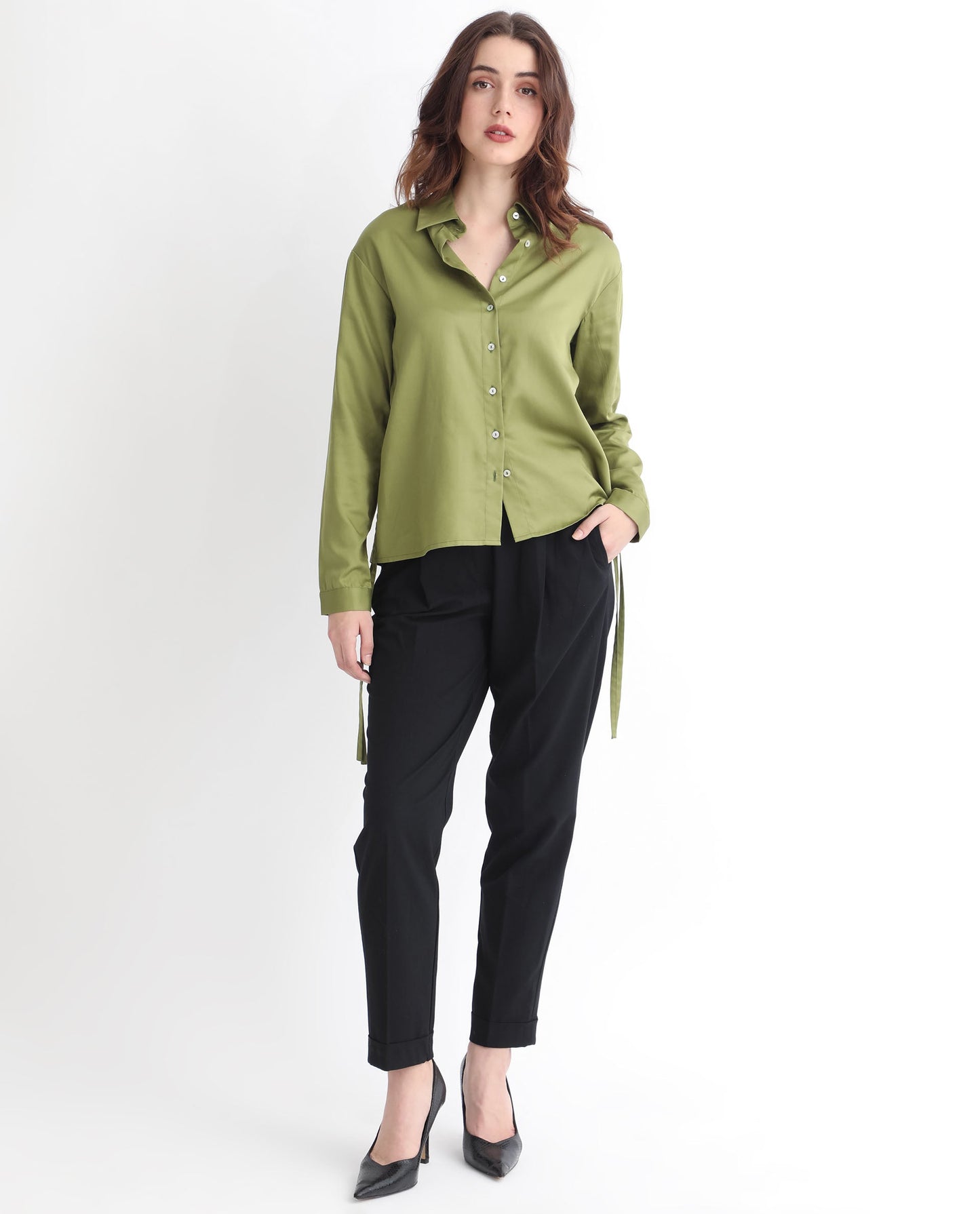 Rareism Women Avocado Olive Cotton Fabric Regular Fit Shirt Collar Full Sleeves Solid Top