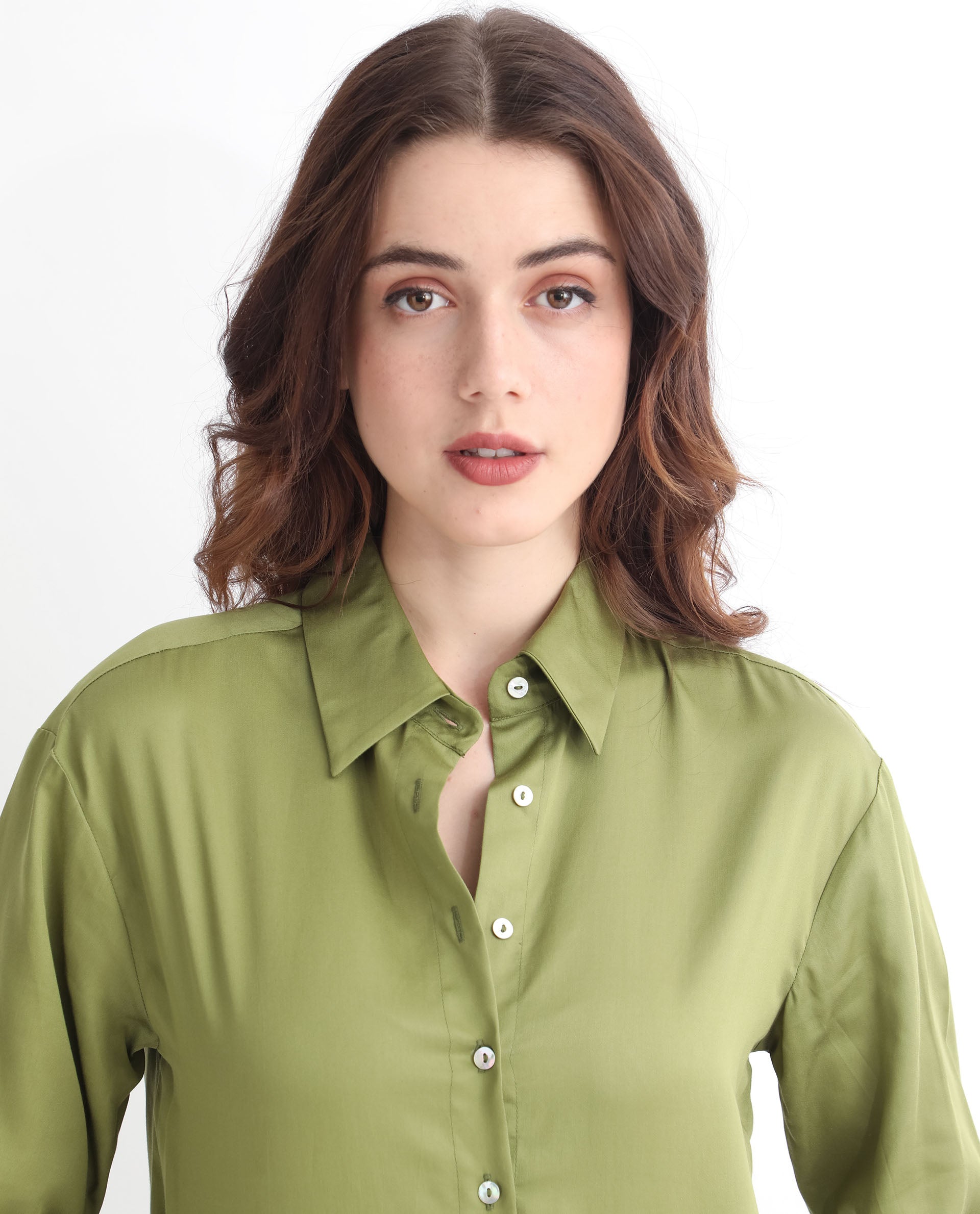 Rareism Women Avocado Olive Cotton Fabric Regular Fit Shirt Collar Full Sleeves Solid Top